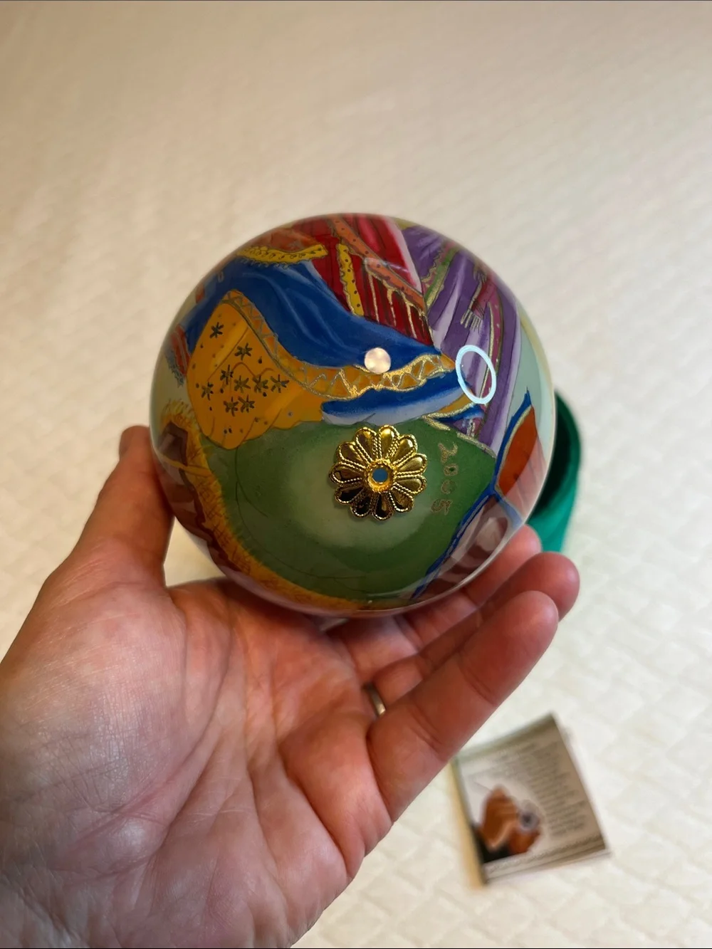 Hand-Painted Li Bien Nativity Christmas Ornament with Green Satin Box